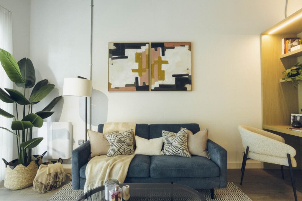 Living space inside a Manhattan-style apartment at Gravity Co Hammersmith
