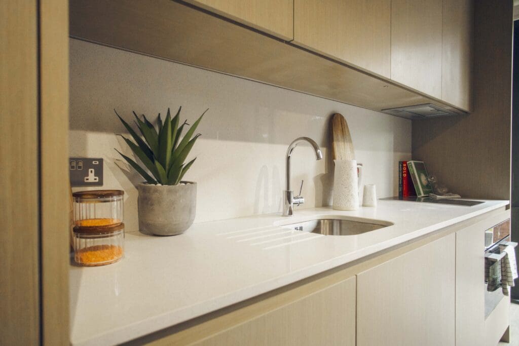 Sleeping area inside a Manhattan-style apartment at Gravity Co Hammersmith