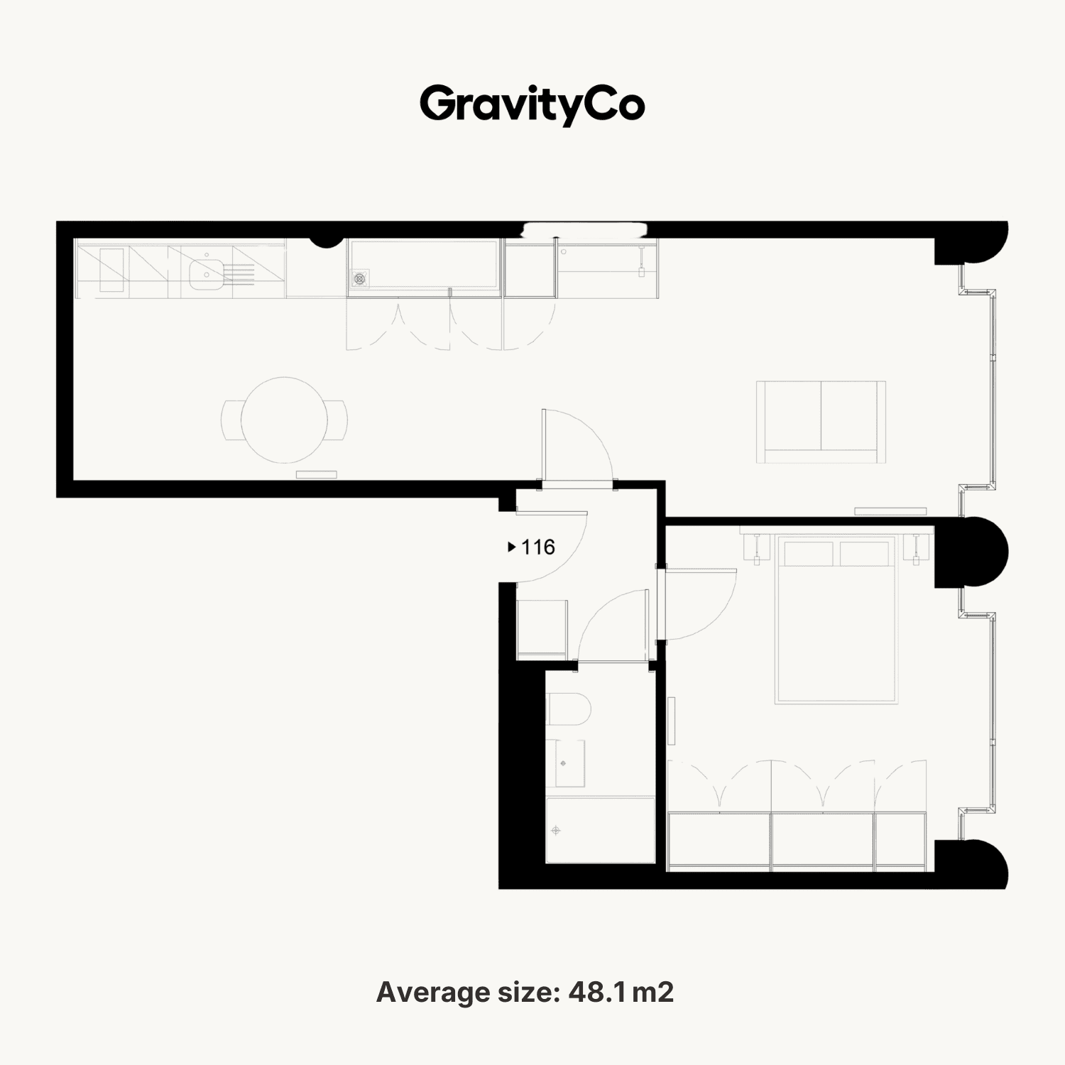 Typical floorplan, one-bedroom apartment at Gravity Co Hammersmith