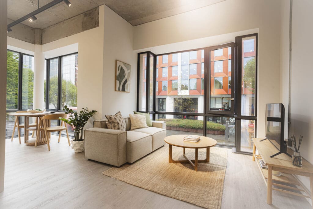 Living and dining space inside a one-bedroom apartment at Gravity Co Hammersmith