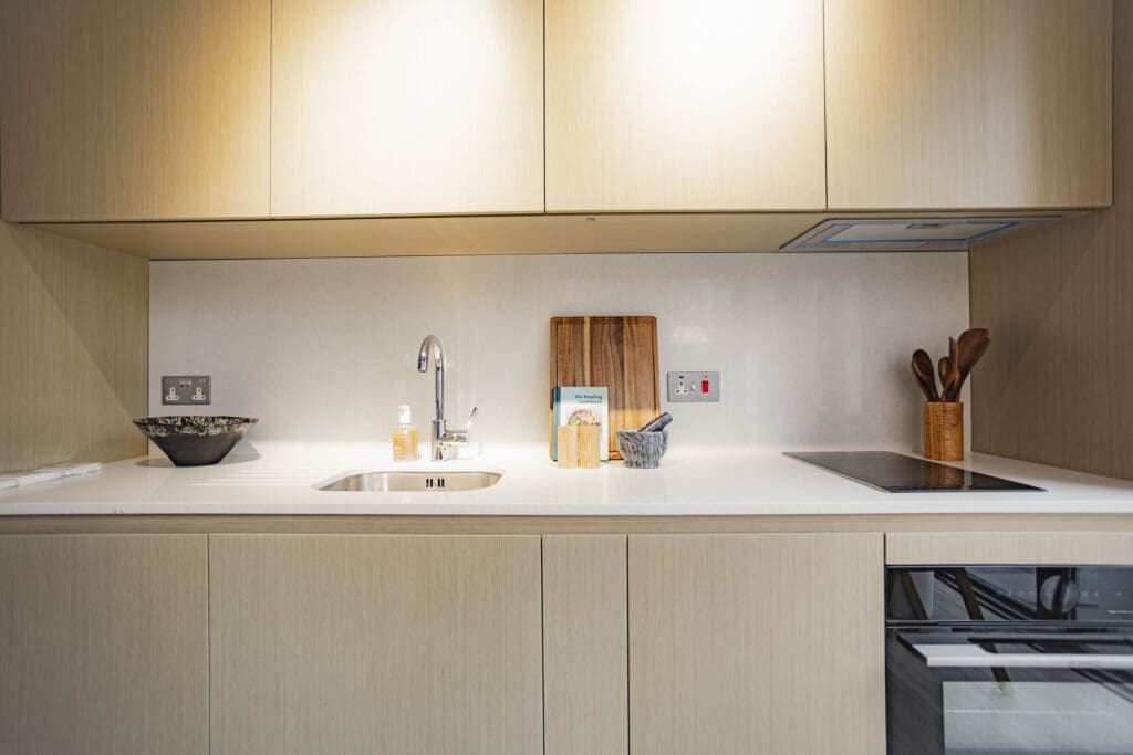 Kitchen inside a one-bedroom apartment at Gravity Co Hammersmith
